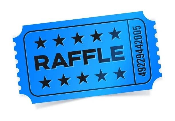 Blue raffle event ticket angled with space for copy